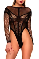 Hauty Long Sleeve Hosiery Thong Teddy in Black at Nordstrom