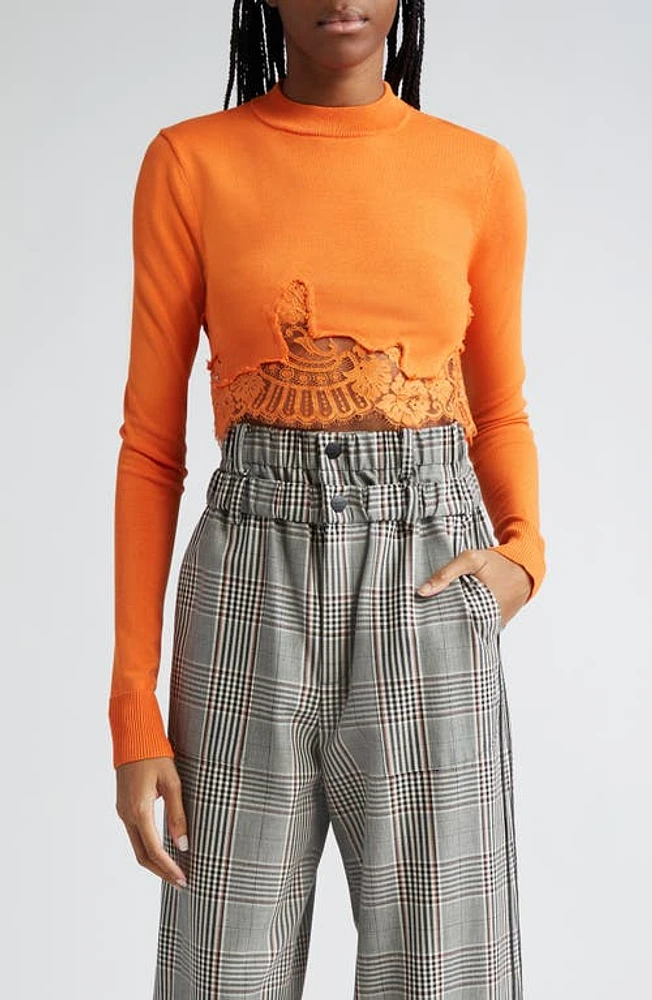 MONSE Lace Hem Crop Mock Neck Sweater Orange at Nordstrom,