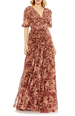 Mac Duggal Floral Ruffle V-Neck Gown Burgundy/Beige at Nordstrom,