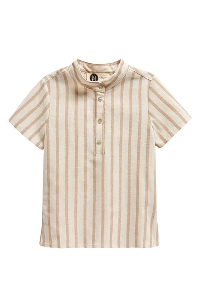 Manière Kids' Stripe Stretch Cotton Band Collar Henley Sand at Nordstrom,