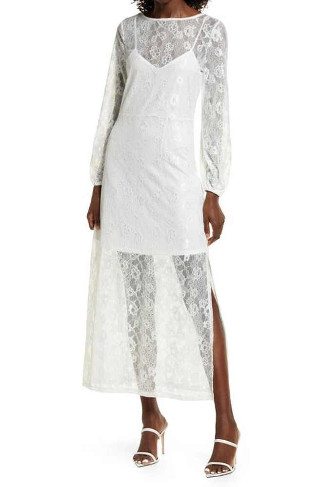 Open Edit Sheer Lace Long Sleeve Maxi Dress Ivory at Nordstrom,