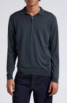 John Smedley Lockton Microstripe Long Sleeve Merino Wool Polo Highland Green/Midnight at Nordstrom,