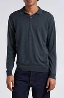 John Smedley Lockton Microstripe Long Sleeve Merino Wool Polo Highland Green/Midnight at Nordstrom,