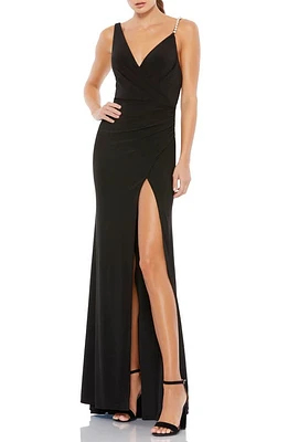 Mac Duggal Imitation Pearl Strap Column Gown Black at Nordstrom,