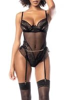 Mapale Peekaboo Lace & Mesh Underwire Teddy Garter Belt Set Black at Nordstrom,