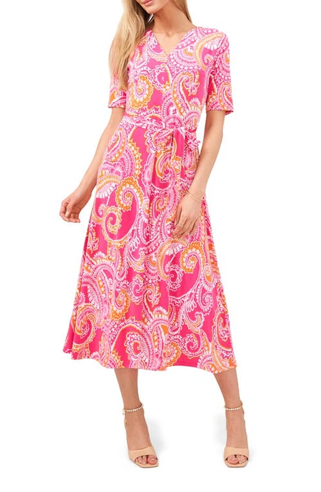 Chaus Paisley Tie Waist Midi Dress Pink/Orange/White at Nordstrom,