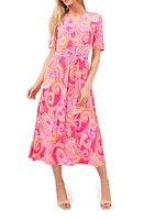 Chaus Paisley Tie Waist Midi Dress Pink/Orange/White at Nordstrom,