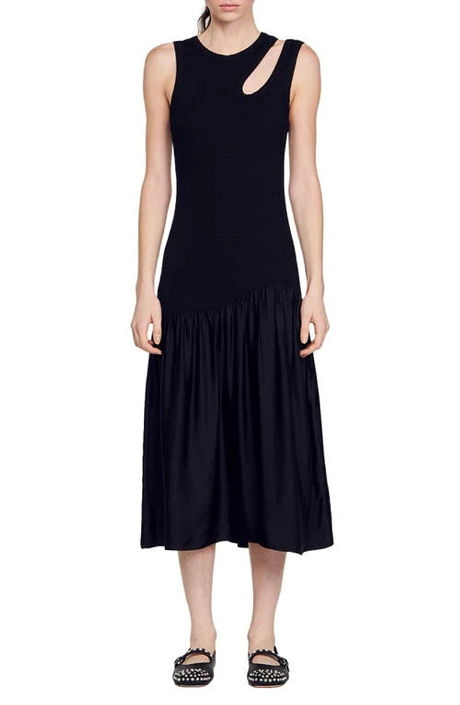 sandro Olane Mixed Media Midi Dress Black at Nordstrom,