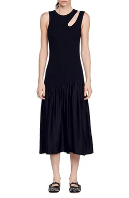 sandro Olane Mixed Media Midi Dress Black at Nordstrom,