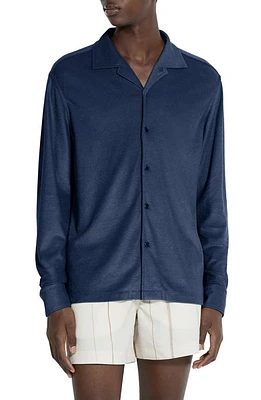 ZEGNA Sponge Cotton & Silk Knit Button-Up Shirt Blu Ciano at Nordstrom,