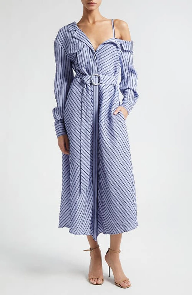 Cinq à Sept Marcella Asymmetric Stripe Long Sleeve Midi Shirtdress Navy/Raincloud at Nordstrom,