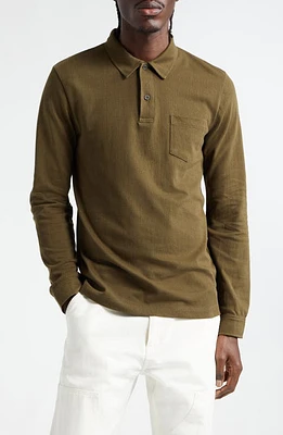 Sunspel Riviera Long Sleeve Mesh Cotton Polo Dark Olive at Nordstrom,