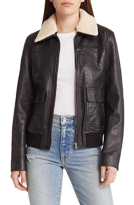 Treasure & Bond Leather Bomber Jacket with Removable Faux Shearling Trim in Black at Nordstrom, Size X-Large