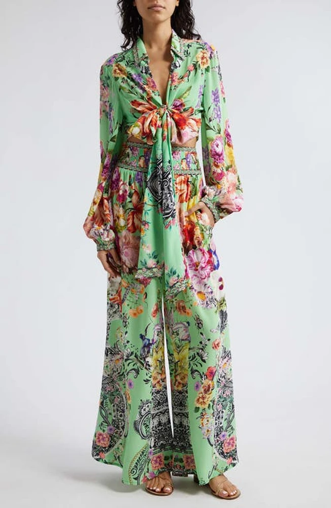 Camilla Porcelain Dream Print Tie Front Silk Crepe Crop Shirt at Nordstrom,