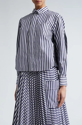 Sacai Stripe Poplin & Nylon Twill Button-Up Shirt in Navy Stripe X Navy at Nordstrom, Size 2