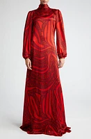 ALIETTE Logo Print Long Sleeve Silk Gown Red at Nordstrom,