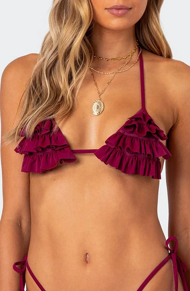 EDIKTED Joelle Ruffle Triangle Bikini Top Burgundy at Nordstrom,