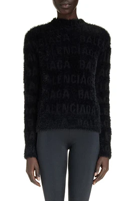 Balenciaga Fitted Furry Logo Jacquard Wool Blend Sweater in Black at Nordstrom, Size X-Small