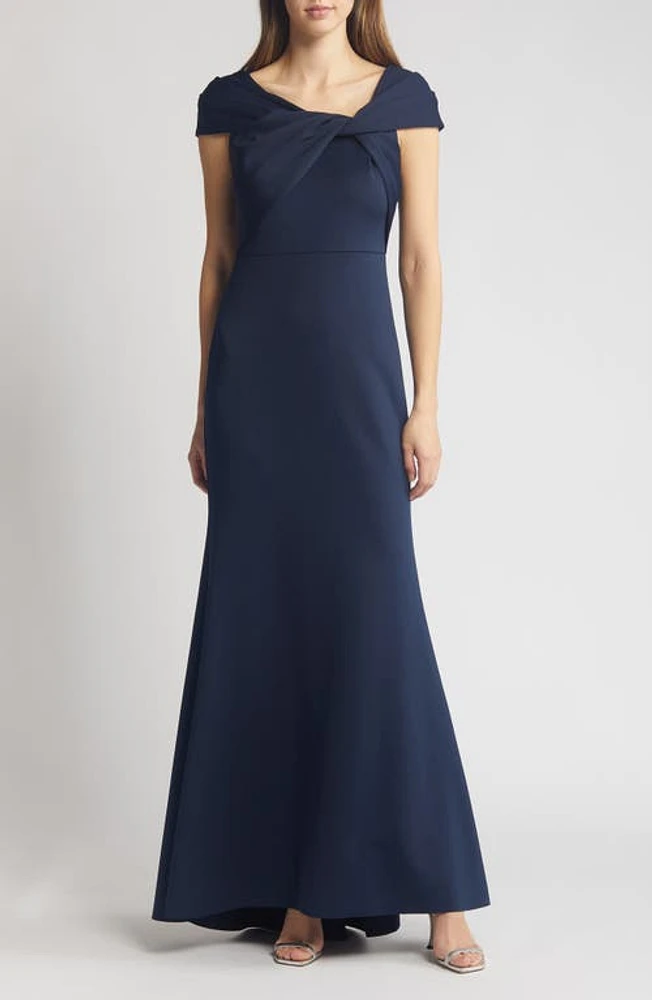 Eliza J Wrap Neckline Scuba Crepe Gown Navy at Nordstrom,