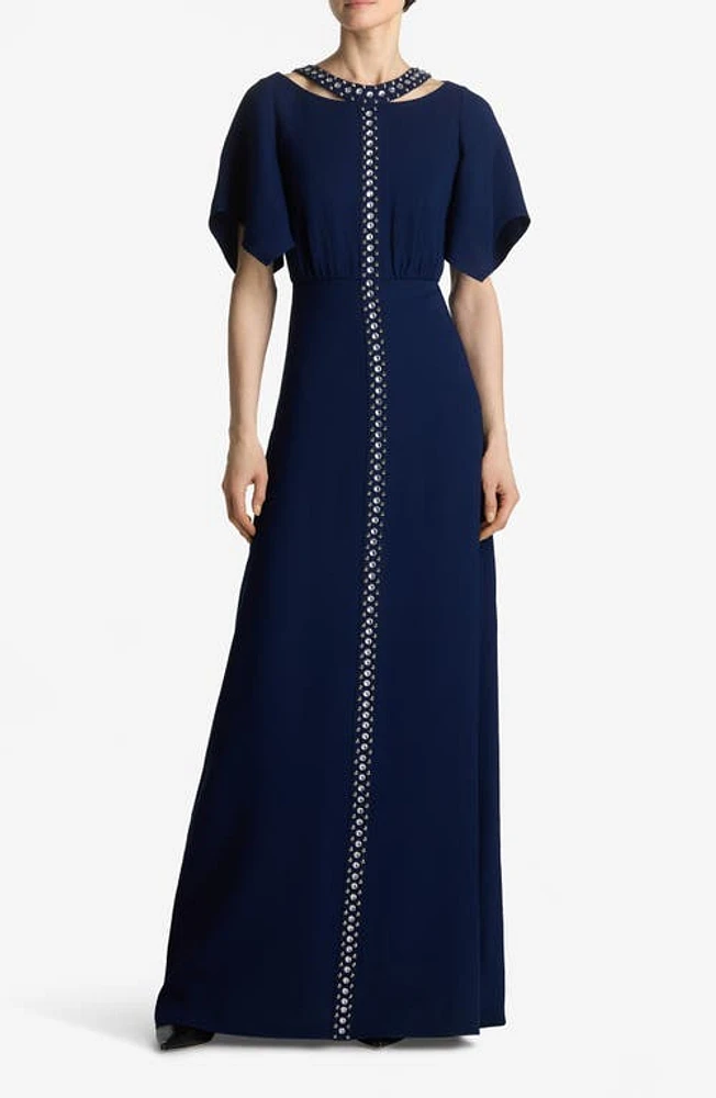 St. John Collection Crystal Embellished Flutter Sleeve Gown Royal Blue at Nordstrom,