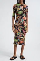 FARM Rio Cool Foliage Elbow Sleeve Jersey Midi Dress Black at Nordstrom,