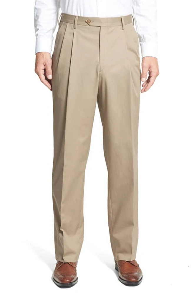 Berle Pleated Classic Fit Cotton Dress Pants Khaki at Nordstrom, X Unhemmed