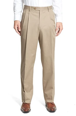 Berle Pleated Classic Fit Cotton Dress Pants Khaki at Nordstrom, X Unhemmed