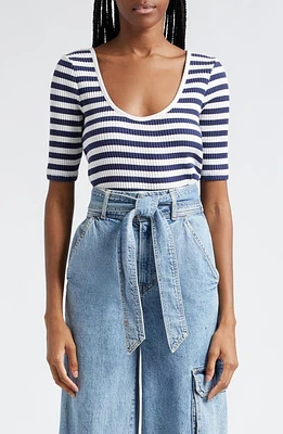 Veronica Beard Anafi Stripe Rib Stretch Cotton Top Off White Marine at Nordstrom,