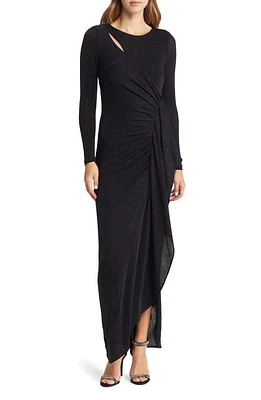 Xscape Evenings Ruched Metallic Long Sleeve Gown Black at Nordstrom,