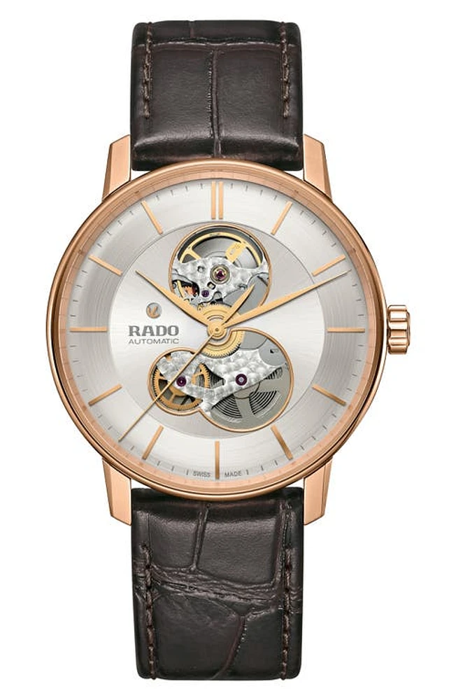 RADO Coupole Classic Automatic Leather Strap Watch, 41mm in Brown/Silver/Rose Gold at Nordstrom