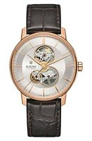 RADO Coupole Classic Automatic Leather Strap Watch, 41mm in Brown/Silver/Rose Gold at Nordstrom