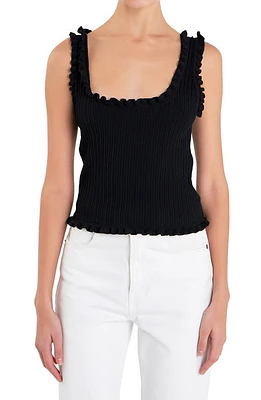 English Factory Ruffle Edge Rib Tank Black at Nordstrom,