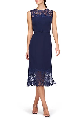 Kay Unger Jamie Lace Trim Belted Midi Dress Dark Twilight at Nordstrom,