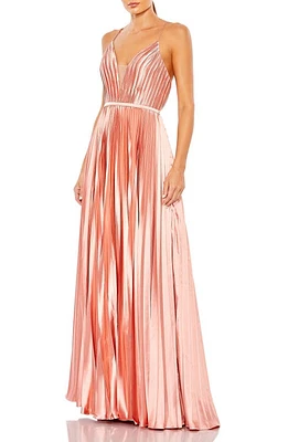 Ieena for Mac Duggal MacDuggal Plunge Neck Pleated Ballgown Rose Gold at Nordstrom,