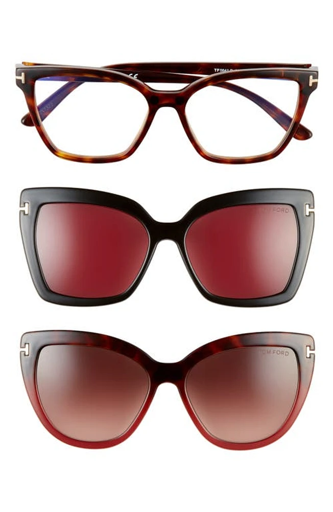 TOM FORD 53mm Blue Light Blocking Cat Eye Glasses & Interchangeable Sunglasses Clips Set in Red Havana/Clear at Nordstrom