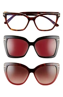 TOM FORD 53mm Blue Light Blocking Cat Eye Glasses & Interchangeable Sunglasses Clips Set in Red Havana/Clear at Nordstrom