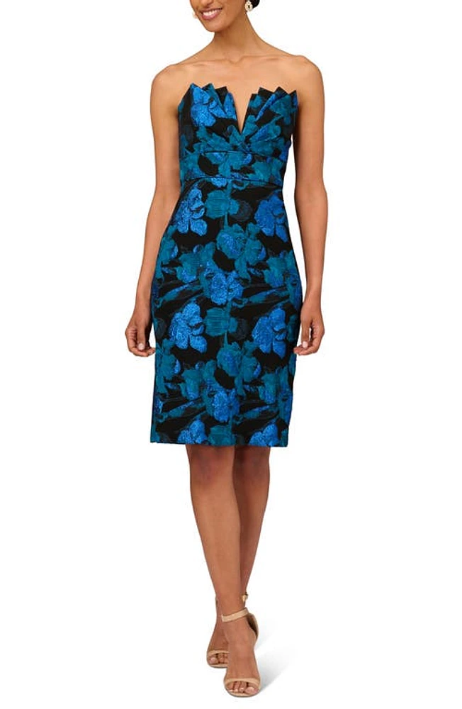 Aidan Mattox by Adrianna Papell Metallic Floral Print Strapless Cocktail Dress Blue Multi at Nordstrom,