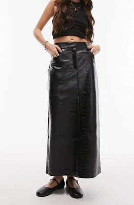 Topshop Croc Embossed Faux Leather Midi Skirt Black at Nordstrom, Us