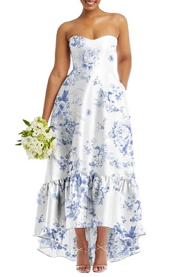 Alfred Sung Strapless Floral Ruffle High-Low Gown Cottage Rose-Larkspur at Nordstrom,