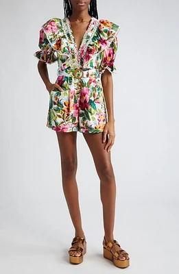 FARM Rio Painted Flowers Lace Trim Belted Cotton Romper Off- at Nordstrom,