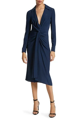 Michael Kors Collection Twist Detail Long Sleeve Organic Silk Crêpe de Chine Shirtdress Navy at Nordstrom,