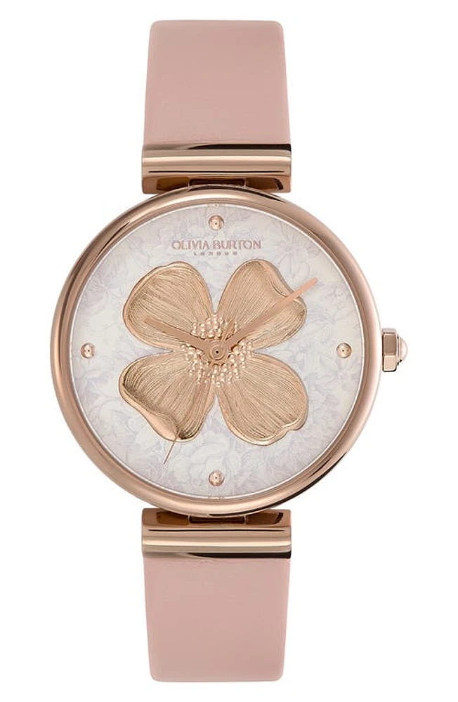 Olivia Burton Dogwood T-Bar Leather Strap Watch, 36mm in Pink/Rose Gold at Nordstrom