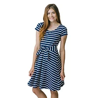 Hope & Henry Women's Organic Cotton Tie-Waist Knit Dress in Navy With White Stripe at Nordstrom