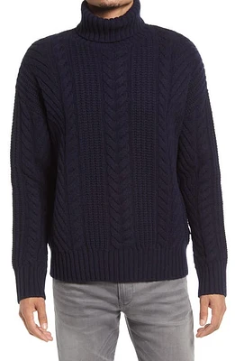 BOSS Nannos Cable Knit Virgin Wool Turtleneck Sweater Dark Blue at Nordstrom,