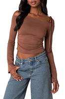 EDIKTED Velvet Tie Off the Shoulder Top Brown at Nordstrom,