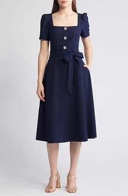 Eliza J Daisy Button Detail Square Neck Dress Navy at Nordstrom,