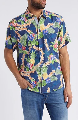 Tommy Bahama Lei Paradise Tropical Print Short Sleeve Silk Blend Button-Up Shirt Island Navy at Nordstrom,