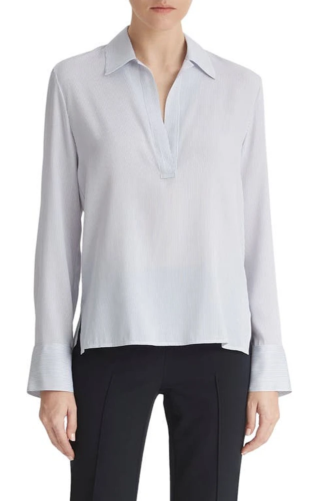 Vince Micro Stripe Stretch Silk Popover Shirt Sky Graphite at Nordstrom,