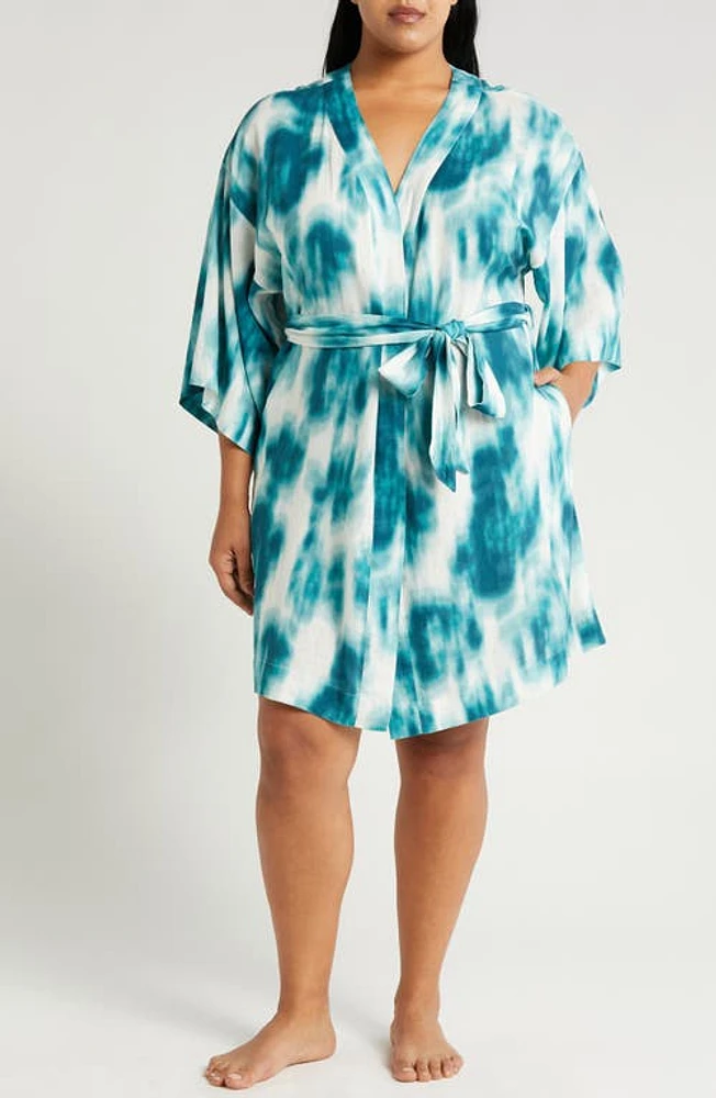 Nordstrom Vacation Linen Blend Robe Teal Tide Floral Pigment at Nordstrom,