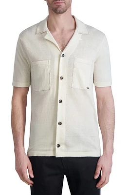 Karl Lagerfeld Paris Stitch Detail Linen Short Sleeve Cardigan Natural at Nordstrom,